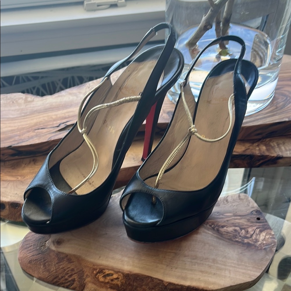 Louboutin Black Peep-Toe Platform Slingback Stilettos with Gold Detail